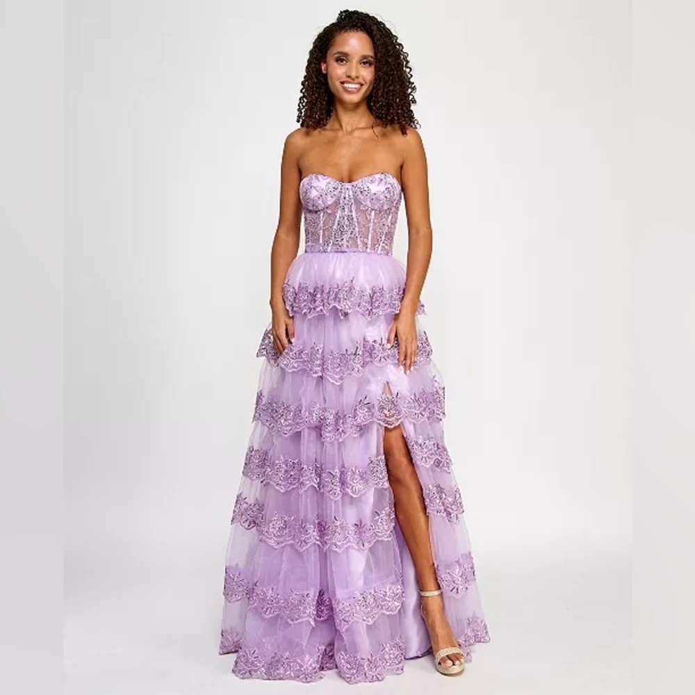 NWT MACYS B Darlin Juniors' Floral Sequin Embellished Ruffled Strapless Gown